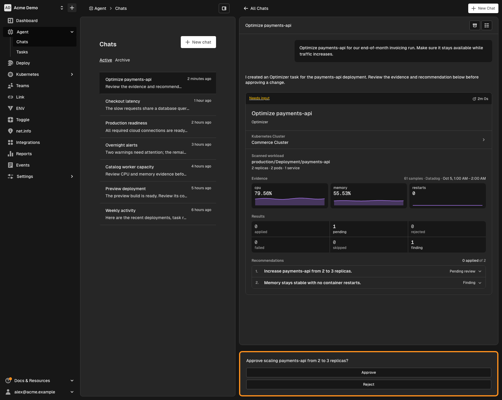 Agent Chat with Datadog telemetry: payments-api inventory, 61 Datadog samples, CPU, memory and restart evidence, one pending recommendation, one informational finding, and Approve and Reject controls