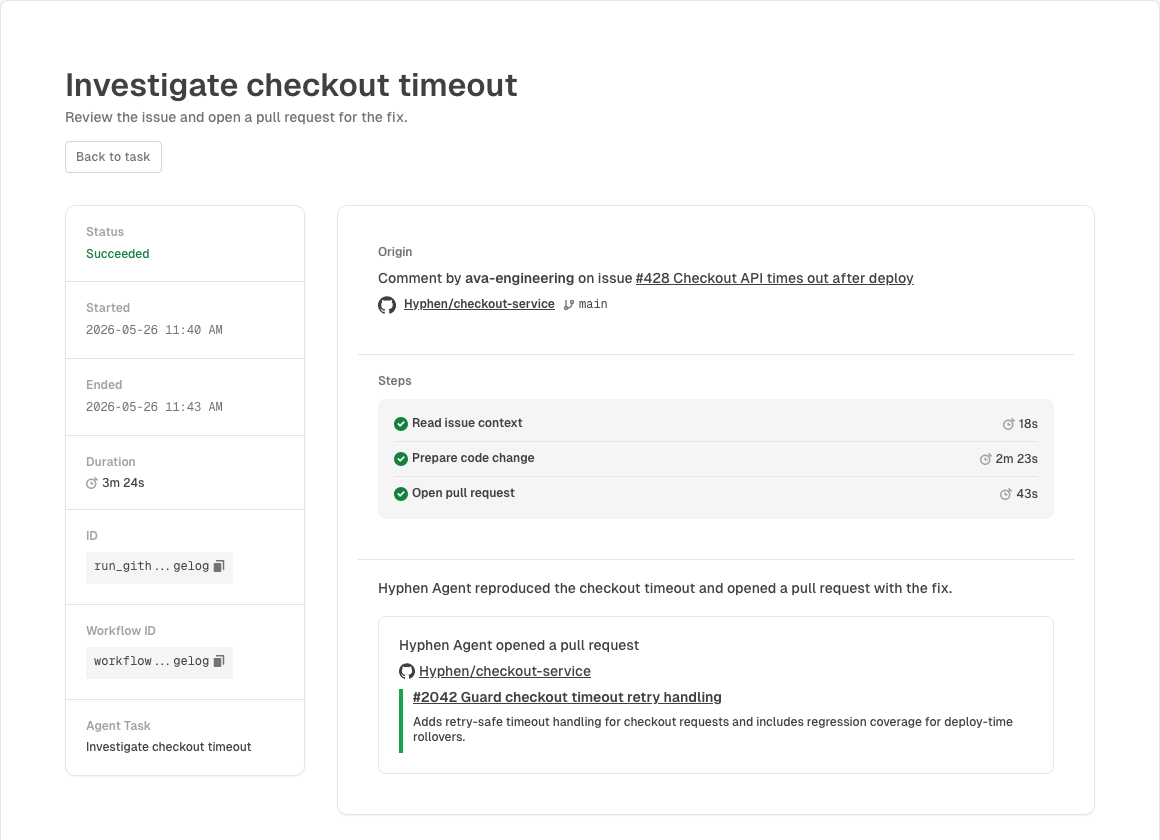 Hyphen Agent can automatically open a pull request for issues it finds from Log Analysis