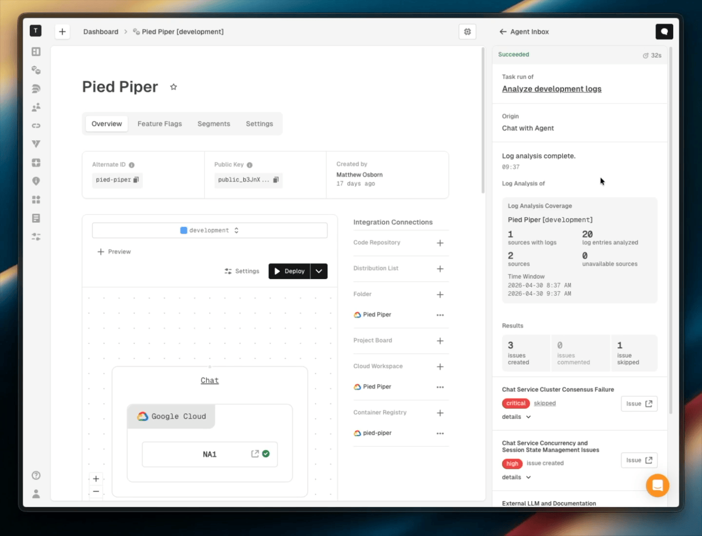 Animated preview of log analysis, app detail updates, and New Relic integration in the Hyphen App