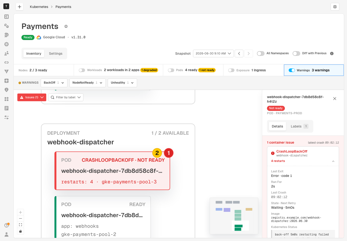 Kubernetes inventory showing an issue-bearing pod with warning details