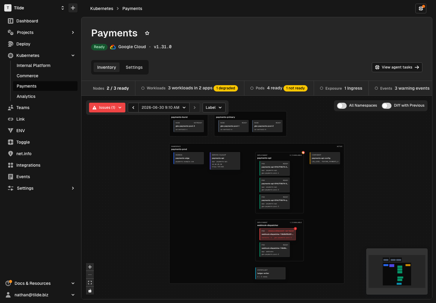 Hyphen cluster inventory showing the View agent tasks button for the Payments cluster