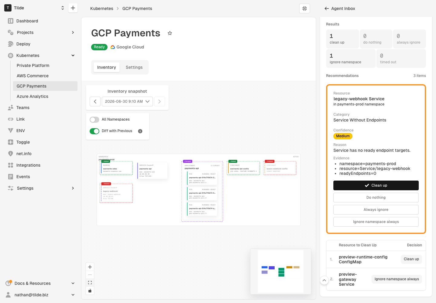 Cleanup review showing Kubernetes candidates, decisions, and scan results before action is taken