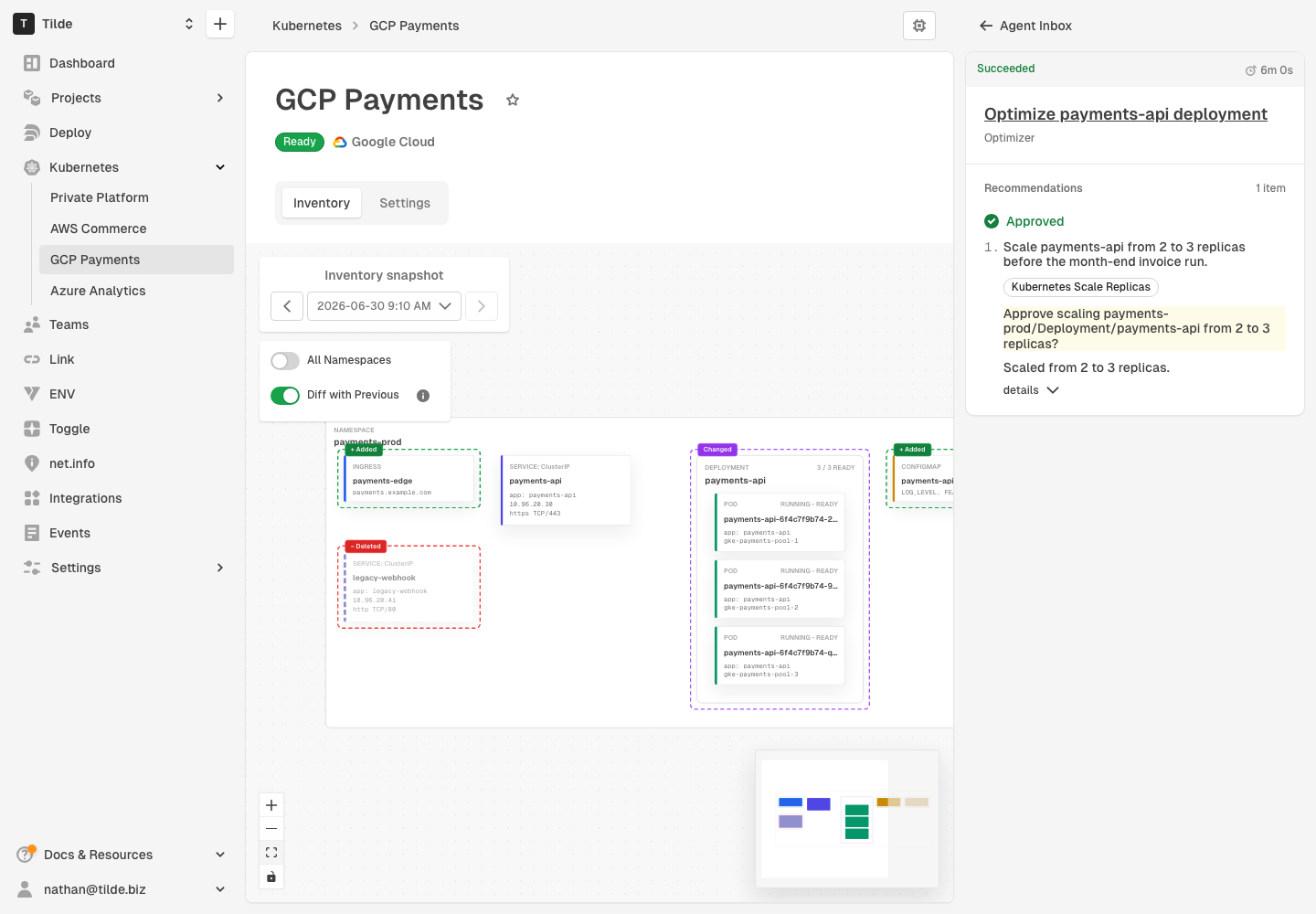 Optimizer run showing an approved payments-api scale recommendation and successful result