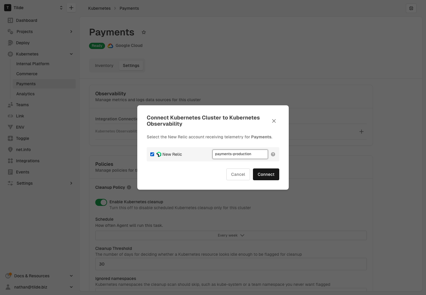 Kubernetes observability setup modal connecting New Relic telemetry