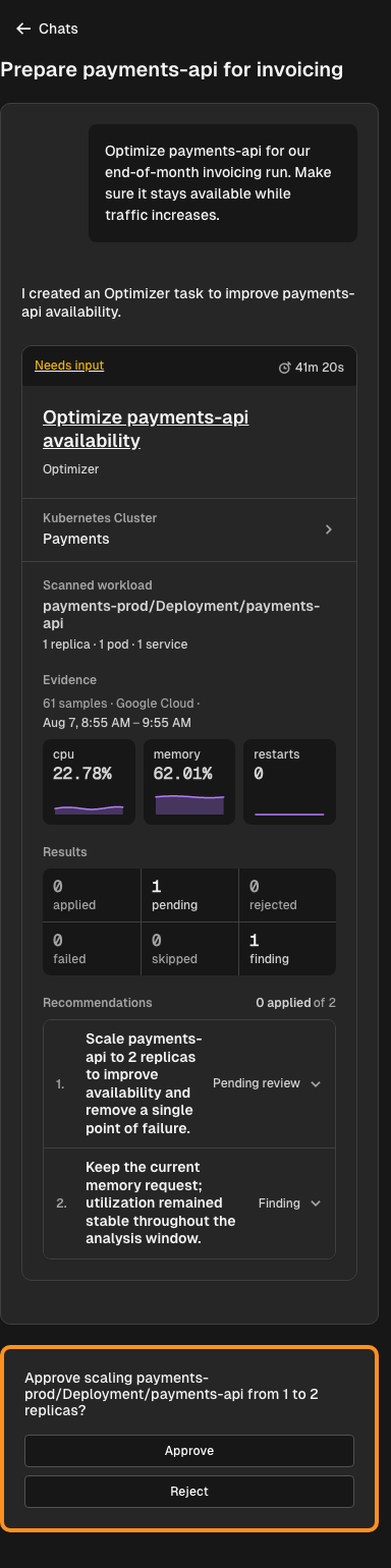 Agent Chat showing payments-api Kubernetes Optimizer evidence, one recommendation pending review, one informational finding, and Approve and Reject controls