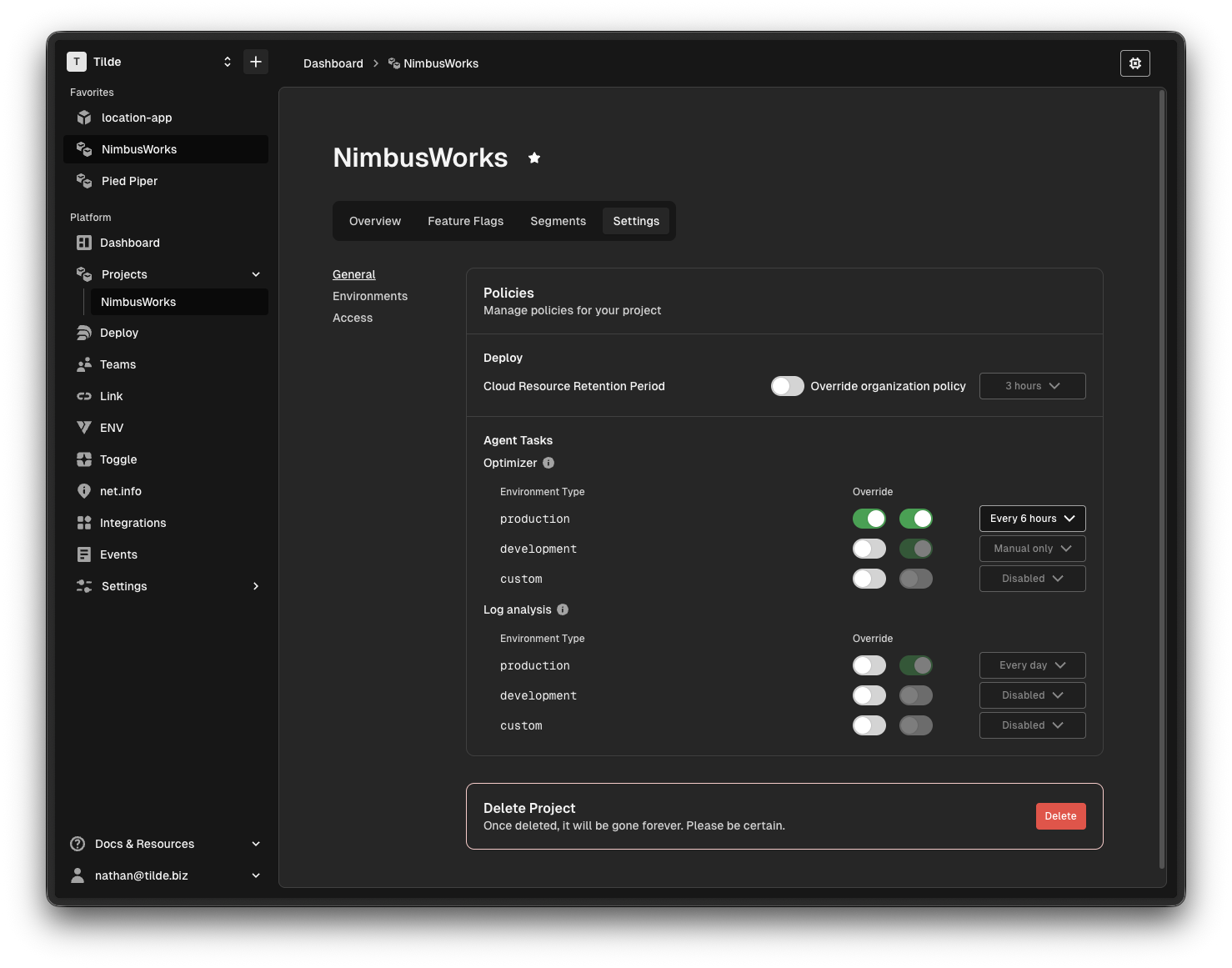 Screenshot of the Hyphen App showing project settings