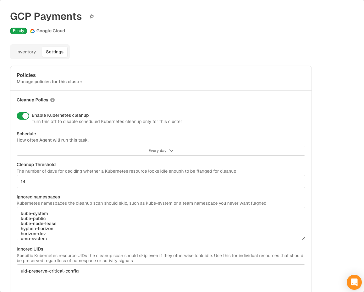 Cluster Kubernetes cleanup policy override
