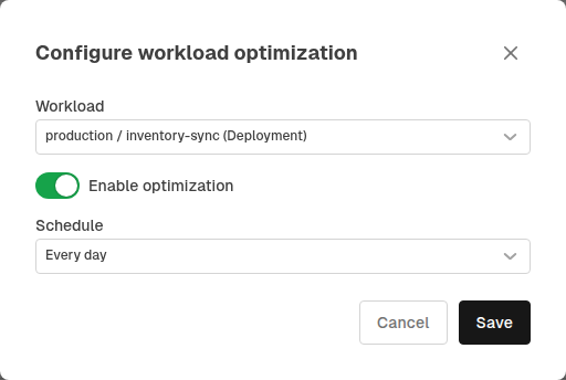 Configure workload optimization modal with a workload picker, enable switch, and schedule dropdown