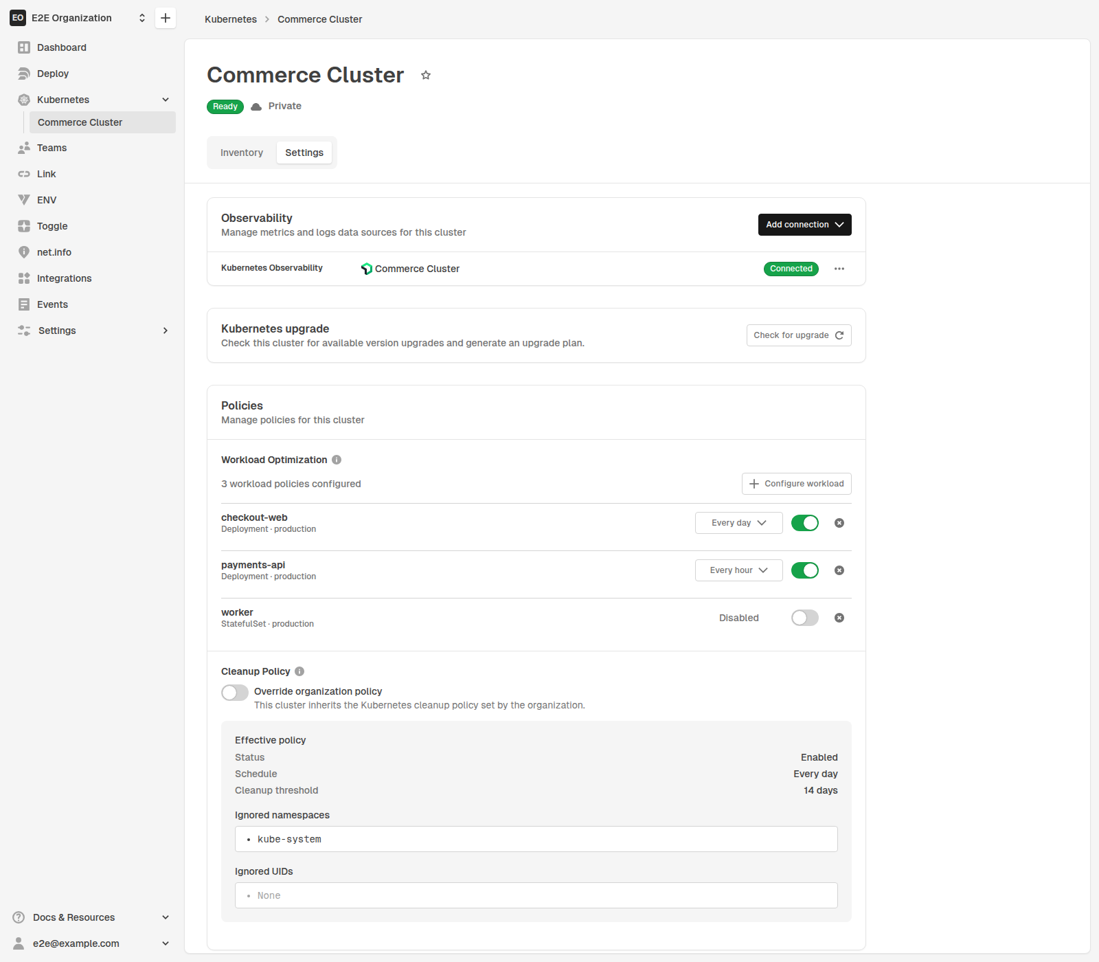 Cluster Settings page showing the Workload Optimization card with three policies: two enabled on different schedules and one disabled