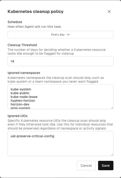 Organization Kubernetes cleanup policy settings